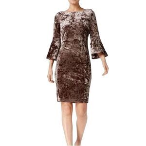 Calvin Klein NWT taupe brown crushed velvet bell sleeve sheath dress size 2